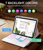 MoKo Touch Keyboard Case for iPad (A16) 11th Generation 11 inch 2025, iPad 10th Generation 10.9 inch Case with Pencil Holder, 7 Colors Backlit Multi-TrackPad Detachable Bluetooth Keyboard,Nosegay Pink