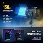 NEEWER 150W RGB LED Panel Video Light Kit with Barn Doors, 1800 LEDs 42500Lux/0.5m 2500K-10000K CRI96+/TLCI97+ 0-100% Dimming, APP/2.4G/Panel/DMX Control for Pro Studio Gaming Lighting, AP150C