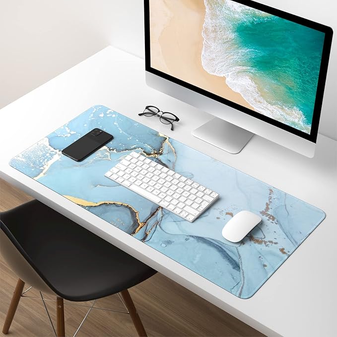 Extended Gaming Mouse Pad, XXL Large Desk Pad 30 x 14 Inch, Big Computer Keyboard Mousepad, Waterproof Mouse Mat with Stitched Edges and Non-Slip Base for Women Office Gaming, Blue Marble