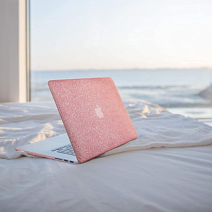 Compatible with MacBook Air 13 inch Case 2021 2020 2019 2018 M1 A2337 A2179 A1932 Touch ID, Glitter Smooth Leather Hard Shell + Keyboard Cover for MacBook Air 13.3 inch Case, Shining Rose Gold