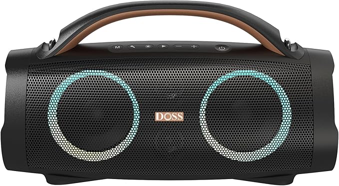 DOSS Extreme Boom+ Loud Bluetooth Speaker with 100W Stereo Sound, Extra Bass, 20H Playtime, Party-Sync Led Lights, Built-in Power Bank, IPX6 Waterproof Outdoor Speaker for Camping, Travel-Copper Gold