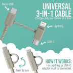 Smartish USB-C/Lightning Cable for iPhone 16/15/14 - Crown Joule - 6 Foot Universal Fast Fabric Wrapped Charging Cable w/Micro-USB - Apple MFi Certified for iPhone 13/12/SE/iPad/AirPods/Android - Tan