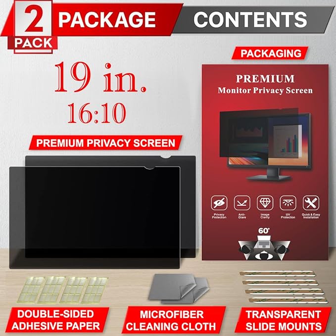 [2 Pack] 19 Inch Privacy Screen Filter for Widescreen 16:10 Monitor | Privacy Shield | Anti-Glare | Anti-Blue light Protector | Eye Protection | Computer Security Private Filter