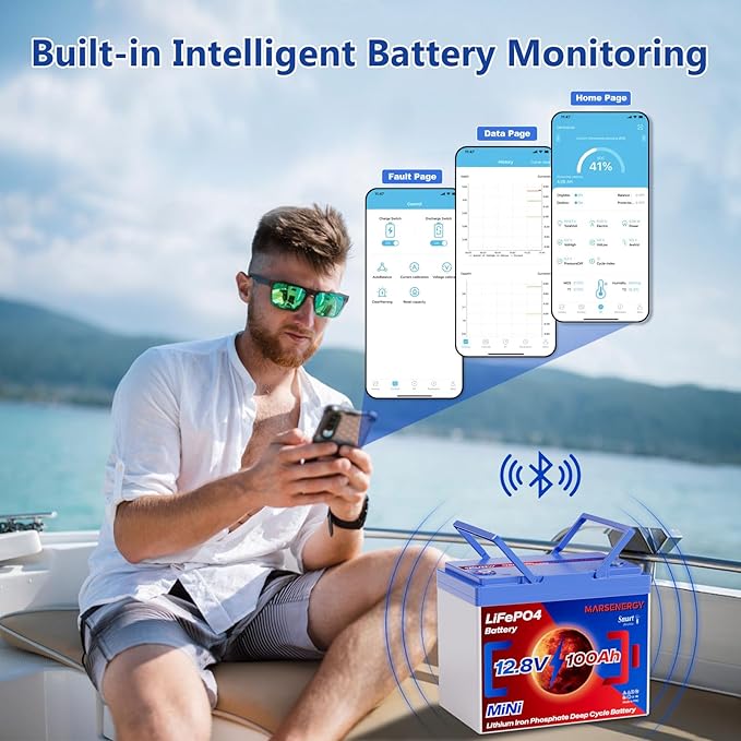 12V 100Ah Lifepo4 Battery, Bci Group 24, Built-In 100A Smart BMS, 4500 To 15000 Deep Cycle Grade A Cells Lithium Battery For Rv, Trolling Motor, Marine, Home Energy Storage, Solar Panel System (BT2PC)