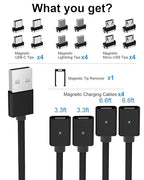 ZBF Magnetic Charging Cable 3A Fast Charging (4-Pack, 3.3/3.3/6.6/6.6 ft) 3 in 1 Magnetic Phone Charger, 480Mbps Data Transfer, USB A to Type C Charger Cable for USB-C/IproductMicro USB Device(Black)