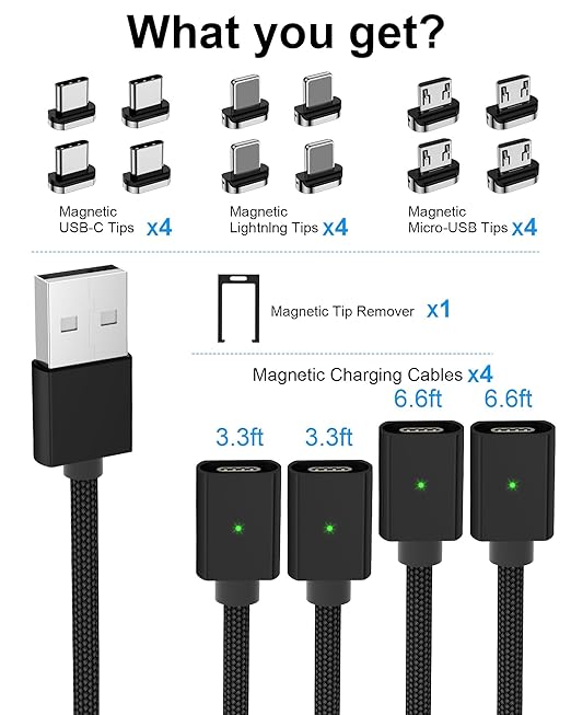 ZBF Magnetic Charging Cable 3A Fast Charging (4-Pack, 3.3/3.3/6.6/6.6 ft) 3 in 1 Magnetic Phone Charger, 480Mbps Data Transfer, USB A to Type C Charger Cable for USB-C/IproductMicro USB Device(Black)