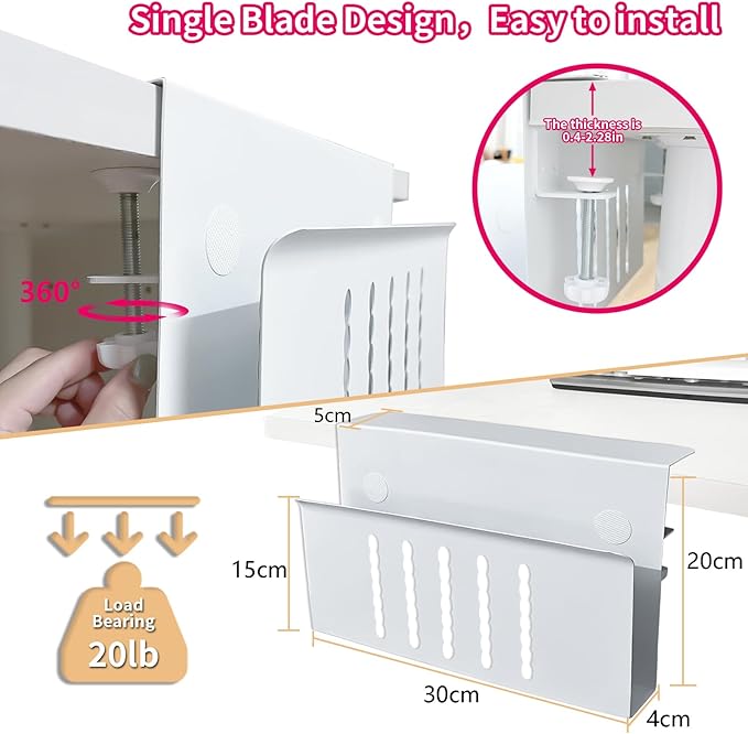 Desk Side Storage, Under Desk Storage, No Drill Steel Hanging Desk Organizer, Laptop Holder, Desk Storage Holder for Office & Home.(White)