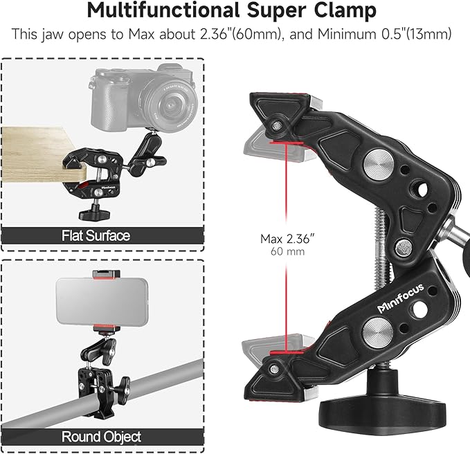 MINIFOCUS Super Clamp Camera Clamp Mount, 360° Ballhead Magic Arm with 1/4" 3/8" Port Extension Holder Adapter, Double Ball Head Adapter for Canon Nikon DSLR GoPro Action Camera Video Light