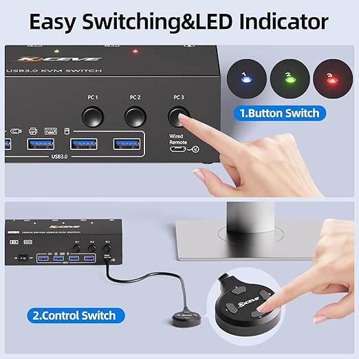 HDMI+2Displayport KVM Switch 3 Monitors 3 Computers 8K@60Hz 4K@144Hz,Triple Monitor KVM Switches with 4 USB3.0 Port for USB Devices,Wired Remote,Power Adapter and USB Cables Included.