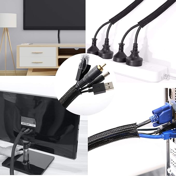 CrocSee 25ft - 1 inch Braided Cable Management Sleeve Cord Protector - Self-Wrapping Split Wire Loom for TV/Computer/Home Theater/Engine Bay - Black