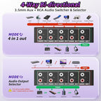 3.5mm Aux + RCA L/R Audio Switch Box 4 in 1 Out Bidirectional, BolAAzuL Stereo Audio Switcher Selector 4X1 Passive a/b Analog Audio Selector No Power Need