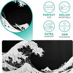 Japanese Sea Wave Large Mouse Pad, Abstract Black Gaming Mousepad, Extended Kanagawa Mat Desk Pad, 3mm Thick Long Non-Slip Rubber Base Mice Pad for Office and Home, 31.5x11.8 Inch