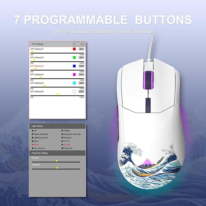 COSTOM Womier G705 USB Wired Gaming Mouse for PC Computer Windows Mac Laptop, Lightweight Silent RGB Backlit Mouse with Adjustable 12000DPI/7 Programmable Side Buttons,White Kanagawa Theme