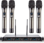 Wireless Microphone System, 4-Channel UHF Wireless Mic, Fixed Frequency Metal Cordless Mic with 4 Handheld Dynamic Microphones, 200ft Range, Mics for Singing, Church (4 Handheld)