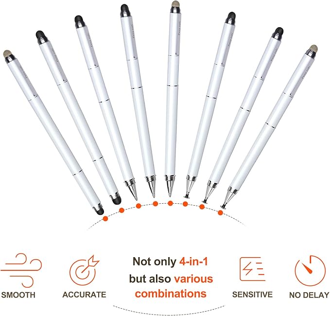 Stylus Pen for Touchscreen - Versatile 4 in 1 High Sensitivity and Precision Tablet Stylus Pen, Universal for iPad,iPhone,Samsung,Android All Capacitive Touch Screens-White