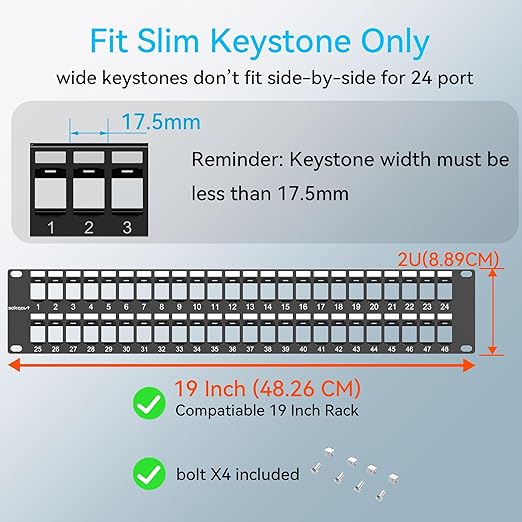 48 Port Blank Keystone Patch Panel with Snap-in Design (4 Pack), Cat6 Network Patch Panel 2U 19 inch, Rack Mount Ethernet Patch Panel (for Slim Keystone Only)