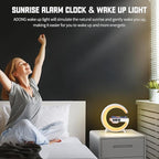 Mini LED Table Lamp with 4-in-1 Wireless Charger, Night Light, Sunrise Alarm Clock, Bluetooth Speaker, Smart Atmosphere Table Lamp for Bedroom, Office, Home Decor (White)