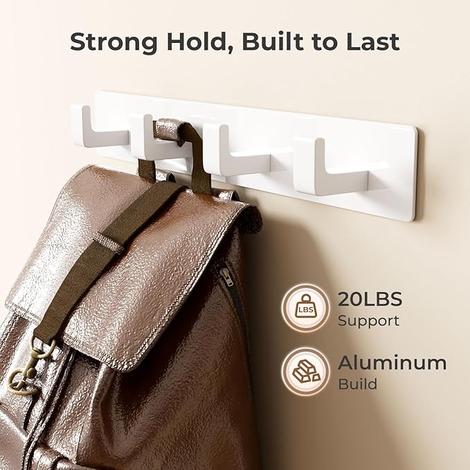 White Wall Mounted Coat Rack - 2 Modular Rails (25'' Total), 8 Right-Angle Hooks, Modern Organizer for Entryway, Bathroom, Bedroom, Holds Coats, Towels, Hats