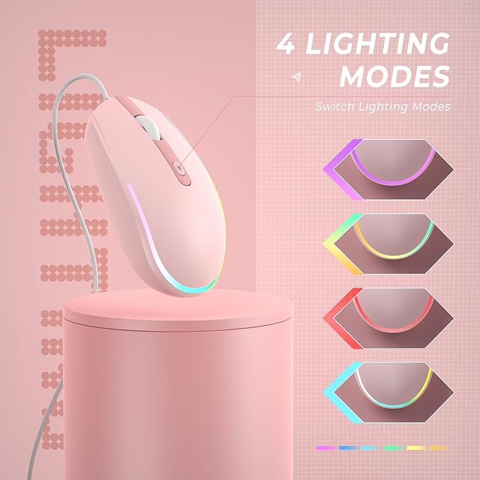 seenda Wired Mouse - USB Computer Mice Wired with RGB Backlit Optical LED Mouse with Attached USB Cord for Laptops Notebooks Chromebook - Pink