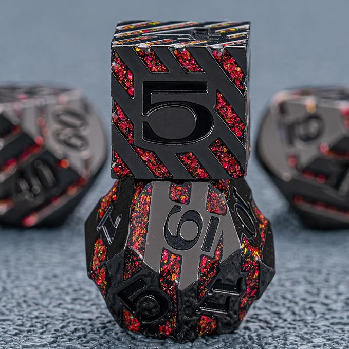 Metal Dice Set DND,Metallic Glitter Stripes D&D Dice Set,7 PCS Polyhedral Dice Set with Gift Case for Dungeons and Dragons Tabletop Game(Black Nickel Red)