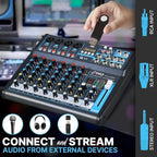 Pyle Professional Audio Mixer Sound Board Console Desk System- Interface 8 Channel Digital USB Bluetooth MP3 Computer Input 48V Phantom Power Stereo DJ Studio FX 16Bit DSP Processor, Black - PMXU83BT