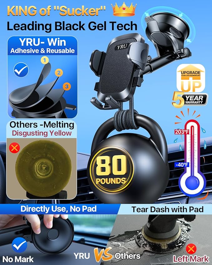 [2025 Upgrade Extreme Strong Suction] YRU Car Phone Holder Mount,[Bumpy Road Stable]Dashboard Cell Phone Holder for Car Vent Windshield Phone Stand for iPhone 16 15 14 13 Pro Max Samsung Truck, Black