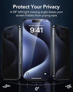 ESR 3 Pack 9H+ Glass for iPhone 15 Pro Max Privacy Screen Protector, [Military Grade Shatterproof & Longest Durable] Armorite Anti-spy Tempered Glass with UltraFit Tray