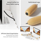 Dual Monitor Riser, Cookie-Shaped Adjustable Length & Swivel Angle, Wooden Desktop Organizer for 2 Monitors, Stand With Drawer for Laptop, PC, Computer, Printer, White