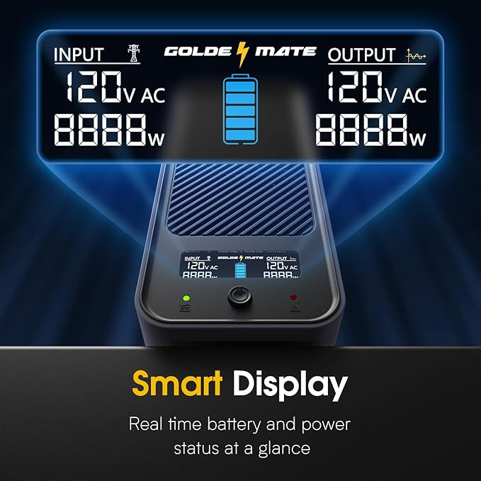 GOLDENMATE 1000VA/800W Lithium UPS Battery Backup and Surge Protector, Sinewave UPS System with LiFePO4 Battery(230.4 Wh), 2025 Upgraded Pro Ver. with Communication Port, 8 Outlets, LCD Display, Gray
