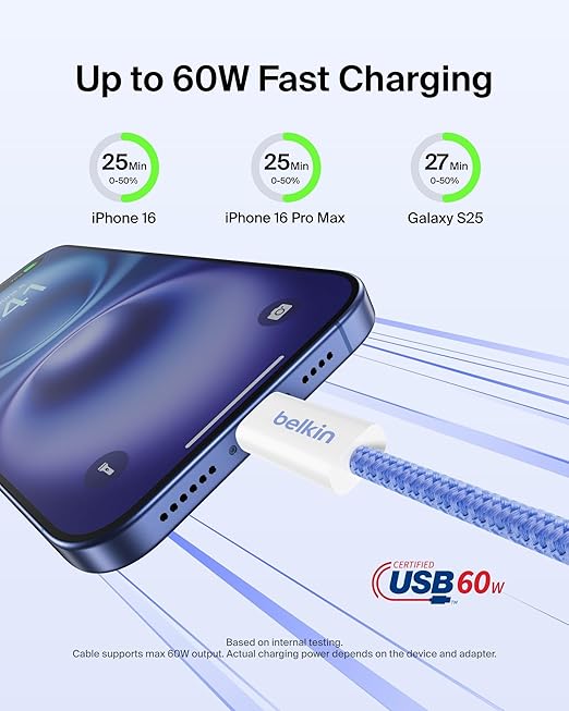 Belkin USB C to USB C Cable, 6.6ft, 60W - Type C Charger, iPhone Charger Cord, Soft, Braided, Flexible for iPhone 16, Galaxy S25, Pixel 9, Airpods, iPad Pro, Tablet & More, Travel Essentials - Blue