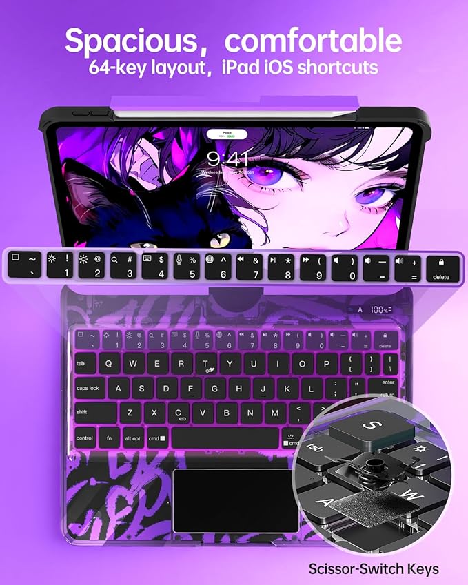 Intermerge Clear Keyboard Case for iPad Air 11" (M3/M2, 2025/2024), Air 5th/4th, Pro 11" 2022-2018, 360° Swivel Multi-Touch Trackpad, 7-Color Backlit, Pencil Holder, Type-C, Neon Pulse
