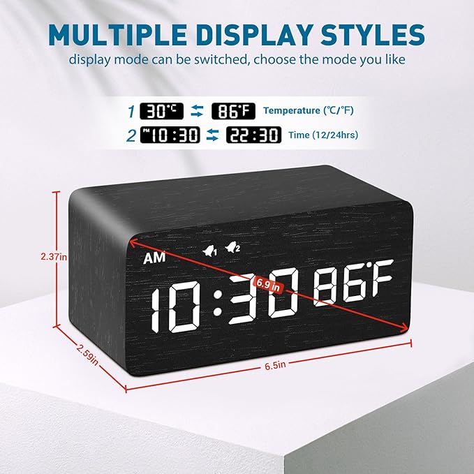 MOSITO Digital Wooden Alarm Clock with Wireless Charging, 0-100% Dimmer, Dual Alarm, Weekday/Weekend Mode, Snooze, Wood LED Clocks for Bedroom, Bedside, Desk, Kids (Black)