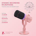 FEELWORLD PM1 XLR USB Dynamic Microphone with Desktop Stand Gifts for Podcast Recording PC Computer Gaming Streaming Vocal Voice-Over, Studio Metal Mic, RGB Light, Mute Button, Headphones Jack (Pink)