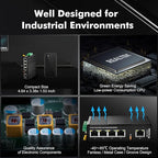 MokerLink 5 Port Industrial DIN-Rail Network Switch, 10/100Mbps Fast Ethernet, IP40 Rated Network Switch (-40 to 185°F), with UL Power Supply