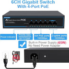 4 Port Gigabit PoE Switch with 2 Gigabit Uplink, 1000Mbps, 802.3af/at, 65W Built-in Power, Vlan, Unmanaged Metal Plug and Play, Ideal for NVR and Power Over Ethernet Security Cameras
