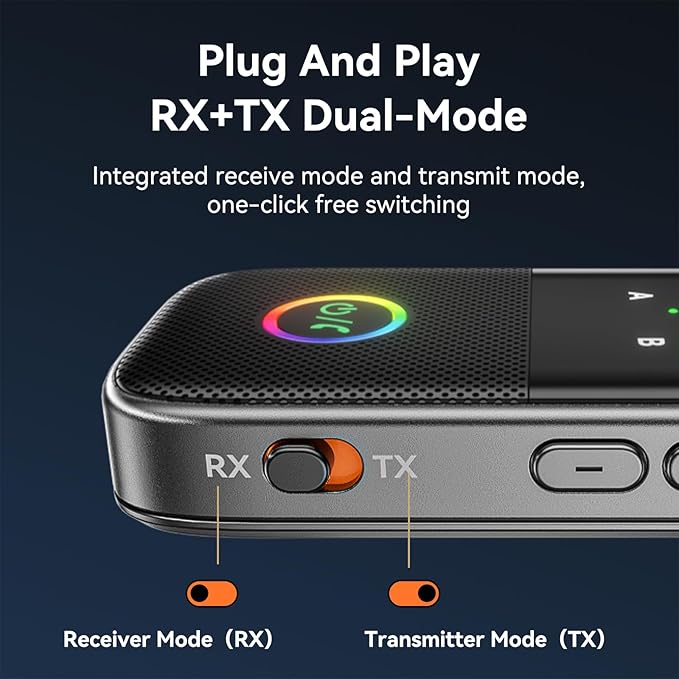 Bluetooth 5.2 Transmitter Receiver aptX Adaptive/Low Latency/HD Bluetooth Adapter Support 2 AirPods Phones, Wireless Audio Receiver 3.5mm Aux Headphone Jack Adapter for Airplane Travel/TV/Home Stereo