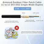 37M/121FT LC to LC Armored Outdoor Fiber Optic Cable, Single Mode Duplex 9/125μm SMF Fiber Patch Cord, OS1/OS2 Compatible, Black LSZH Jacket, Uniboot Jumper for FTTH, Data Center, Long-Distance Use