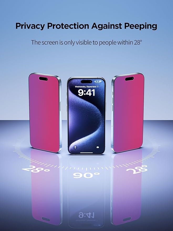 Compatible for iPhone 16 Pro Privacy Screen Protector Tempered Glass 6.3 Inch, Pink Gradient Anti Spy Anti Blue Light HD Easy Installation
