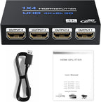 HDMI Splitter 1 in 4 Out 4K@30Hz, Powered 1x4 HDMI Video Splitter 4 Ports with Power Cord, Duplicate/Mirror Screen, Supports UltralHD 3D 1080P HDCP 1.4 for HDTV, STB, DVD, PS5/4/3, Projector, Etc