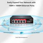 STEAMEMO 5 Port PoE+ Switch | Easy Smart Managed Ethernet Switch | Support VLAN, QoS | 52W Total PoE Budget | Fanless Metal | Plug & Play (Desktop/Wall Mount)