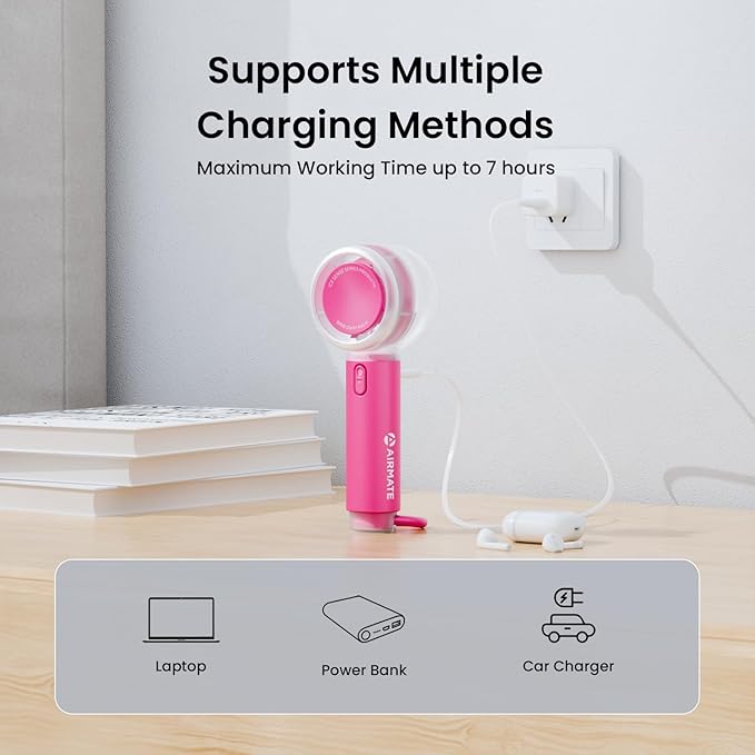 AIRMATE Portable Handheld Fan, 5 Wind Speed Adjustable, 3000mAh Battery Rechargeable, Durable Motor, 13000RPM Super Powerful Wind, Personal Turbo Hand Held Mini fan for Makeup/Travel/Outdoor (Pink)