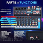 Pyle Professional Audio Mixer Sound Board Console Desk System- Interface 8 Channel Digital USB Bluetooth MP3 Computer Input 48V Phantom Power Stereo DJ Studio FX 16Bit DSP Processor, Black - PMXU83BT