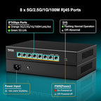 YuanLey 8-Port 5G Ethernet Switch, 8 x 5Gbps RJ45 Ports, Support 5G/2.5G/1G/100Mbps Speed Auto-Negotiation, 80Gbps Switching Capacity, Unmanaged Switch Rackmountable, Plug and Play