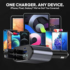 120W Retractable Car Charger 4-in-1 USB-C & Lightning Cable – Fast Charging Adapter for iPhone 16/15/14, Samsung, Android | USB Type-C Port + LED Voltage Display | Multi-Device Car Charger