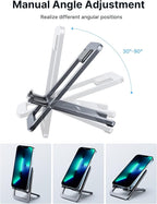 JSAUX Cell Phone Stand [2-Pack] Foldable Aluminum Adjustable Phone Holder for Desk Portable Travel Holder Office Desk Accessories Compatible with iPhone 15 14 13 12 11 Pro Max X Samsung S24 S23 Grey