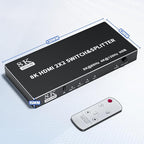 2x2 HDMI Switch Splitter, HDMI 2.1 Switcher 2 in 2 Out 8K@60Hz 4K@120Hz, w/IR Remote Control, Supports HDCP 2.3 HDR, HDR10, HDR 10+, 3D