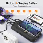 Solar Power Bank 20000mAh Wireless Portable Charger Built-in 3 Cables 15W USB-C Fast Charging Battery Pack Compatible with iPhone, Samsung, iPad, Emergency LED Flashlights Perfect for Camping, Hiking