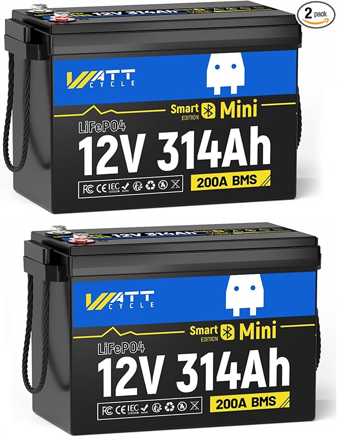 Mini LiFePO4 Lithium Battery 12V 314Ah 2 Pack Built-in 200A BMS & Bluetooth, 4.01kWh Energy, Perfect for Off-Grid, RV, Solar System, Camper, Travel Trailer