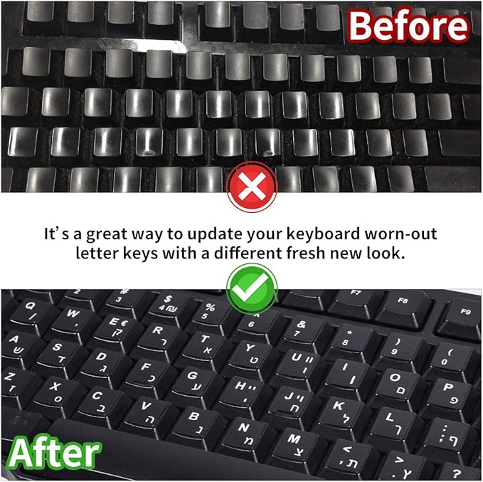 Hebrew-English Keyboard Stickers - 2PCS Replacement Letters for Computer, Laptop, Notebook, Desktop - White Font on Black Background, Matte Alphabet