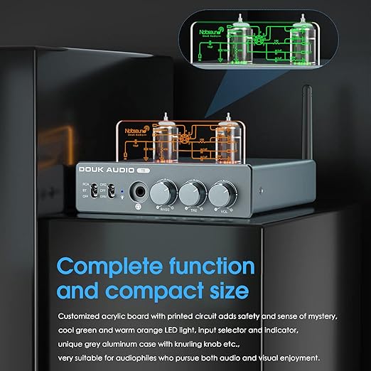 Douk Audio T6 2 Channel 80 watts x2 Bluetooth Tube Amplifier Hi-Fi Stereo Power Amp Audio Wireless Receiver with Headphone/Line Output & Treble Bass Tone Control